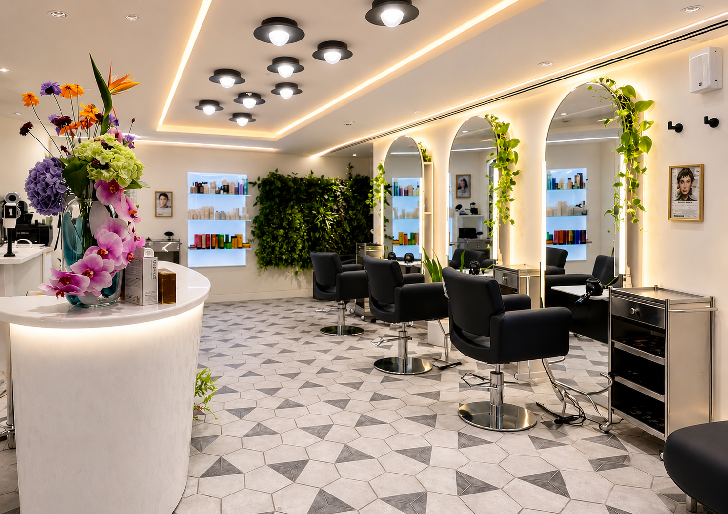 Dawn Hair Salon interior — Olaplex feature wall, mirrored stations and floral reception at Kempinski Tel Aviv